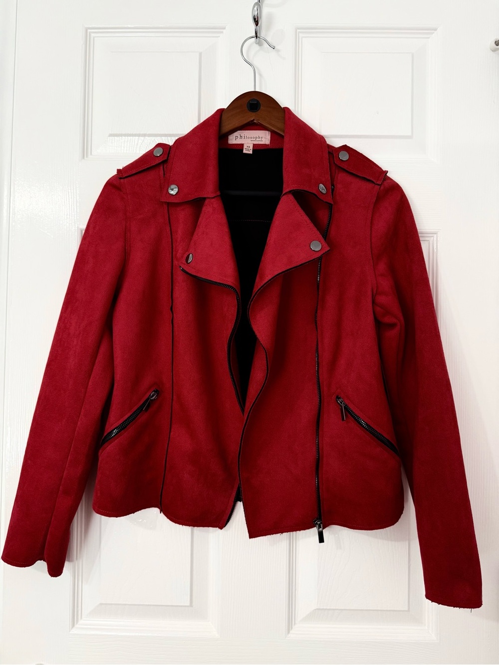 Philosophy vibrant red suede-look moto jacket with zip accents